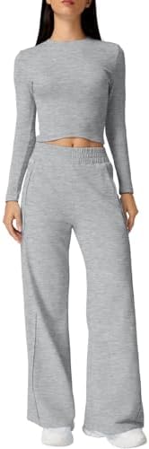 2 Piece Lounge Sets Crewneck Long Sleeve Tops Wide