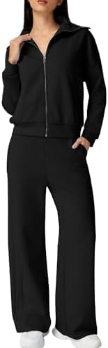 2 Piece Sets Lapel Long Sleeve Zip Up Sweatshirt