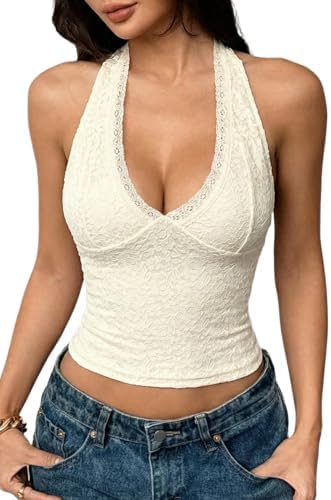 Backless Lace Halter Top Sleeveless Double Lined