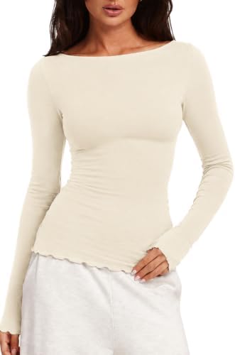 Boat Neck Long Sleeve Shirts Going Out Tops Beige M