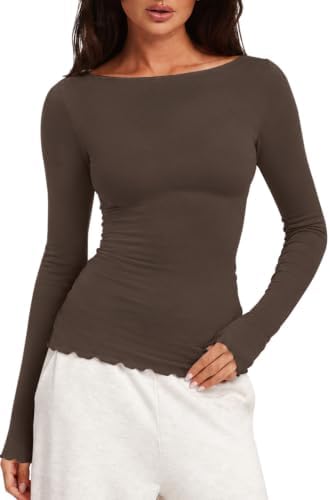 Boat Neck Long Sleeve Shirts Stretchy Tee Shirts