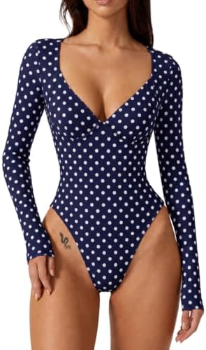 Bodysuit Shirts V Neck Seamed Cup Long Sleeve Shirt
