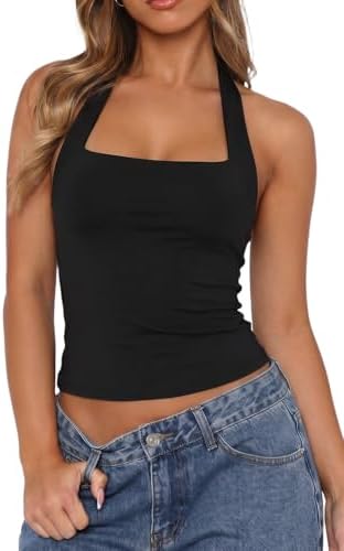Button Closure Halter Neck Sleeveless Cami Square