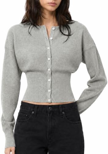 Button Up Cardigan Fall Cinched Waist Sweaters Grey
