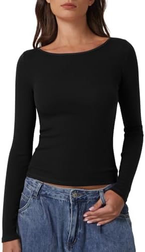 Cotton Long Sleeve Shirts Ribbed Knit Crewneck