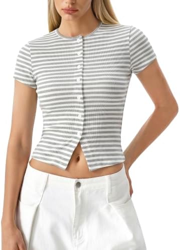 Crew Neck Short Sleeve T Shirts Ribbed Button Slim