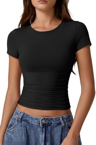 Crewneck Short Sleeve Shirts Basic Side Ruched