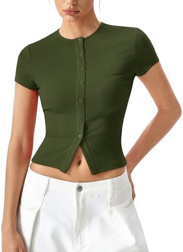 Crewneck Short Sleeve T Shirts Ribbed Button Going