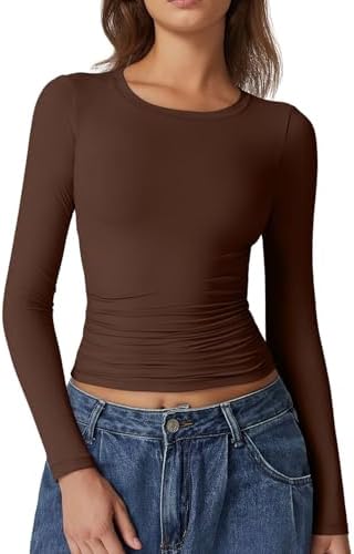 Double Lined Long Sleeve Shirts Crewneck Ruched