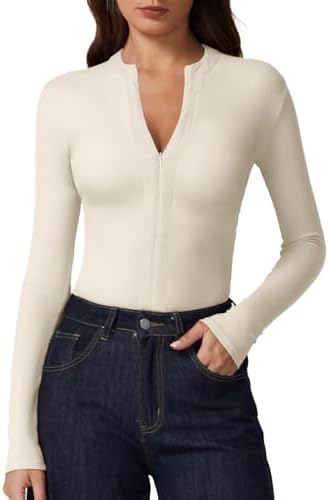Half Zipper Long Sleeve Shirts V Neck Stretchy