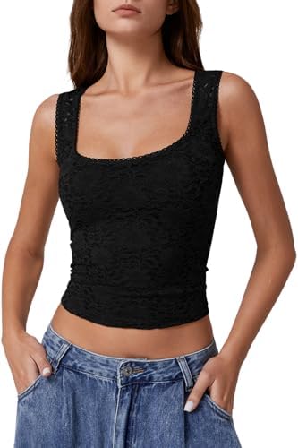 Lace Tank Top Slimming Fit Square Neck Sleeveless