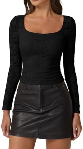 Long Sleeve Lace Tops Double Lined Scoop Neck Soft