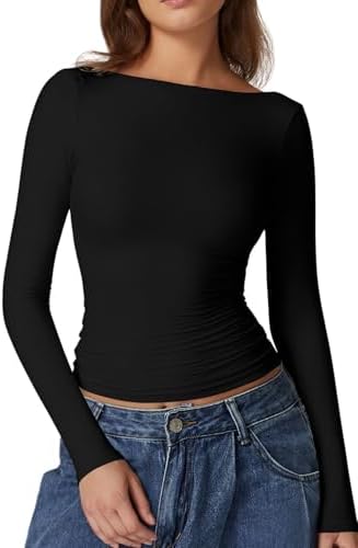 Long Sleeve Open Back Tops Double Lined Slim Fit
