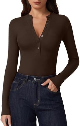 Long Sleeve Shirts Henley Button Down Tops Ribbed