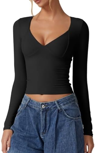 Long Sleeve Tops Sexy V Neck Crop Top Double Lined