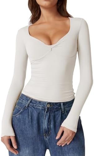 Long Sleeve Twist Front V Neck T Shirts Double