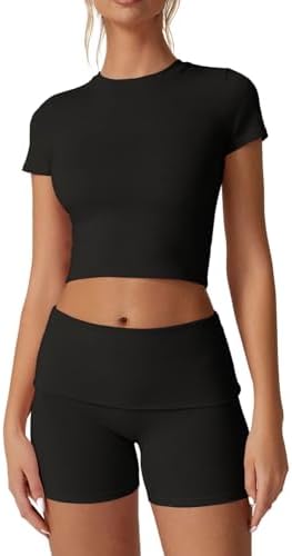 Lounge Sets 2 Piece Outfits Cropped Crew Neck Tops