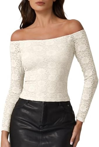 Off Shoulder Tops Long Sleeve Shirts Lace Double