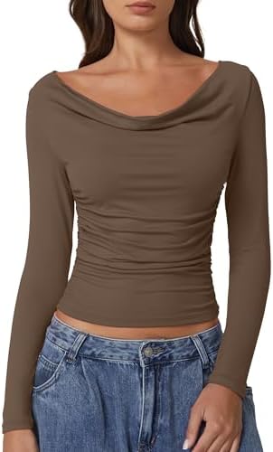 Ruched Cowl Neck Long Sleeve T Shirt Slim Fit