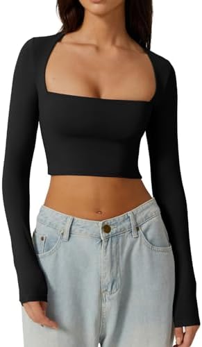 Sexy Square Neck Crop Top Long Sleeve Slim Fit