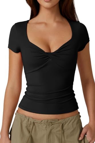 Sexy Twist Front V Neck T Shirts Double Lined Short