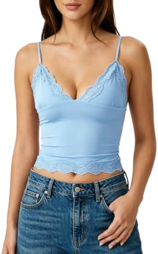 Sky Blue Double Layer Crop Cami – V-Neck Lace Trim