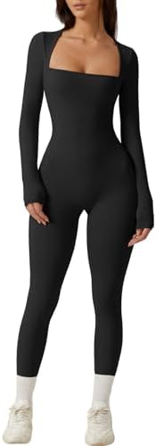 Square Neck Long Sleeve Bodycon Jumpsuit High