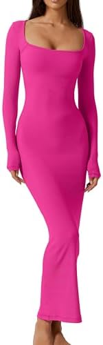Square Neck Long Sleeve Maxi Dress Ribbed Bodycon