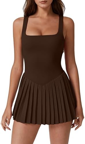Square Neck Pleated Tennis Dress with Shorts Pockets