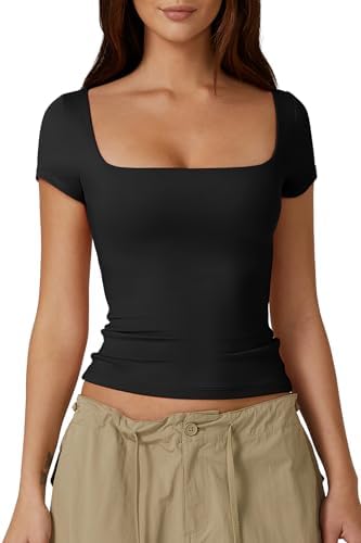 Square Neck Short Sleeve Double-Layer Tops Basic