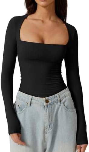 Square Neck T Shirt Slim Fit Long Sleeve Going Out