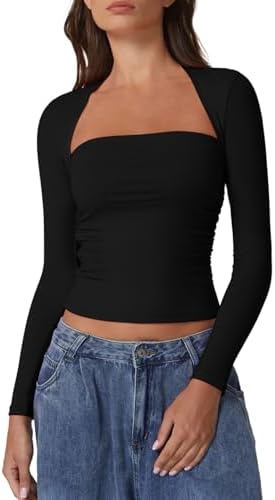 Square Neck Tops for Slimming Fit Long Sleeve