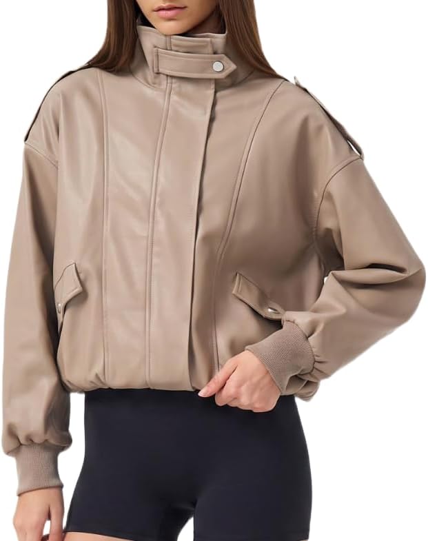 Stand Collar Leather Jacket Oversized Button Bomber