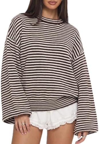 Striped Sweater Crewneck Oversized Soft Pullover