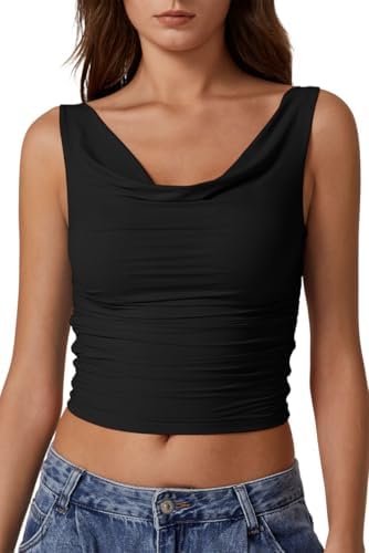 Tank Tops Cowl Neck Crop Top Ruched Side Camisole