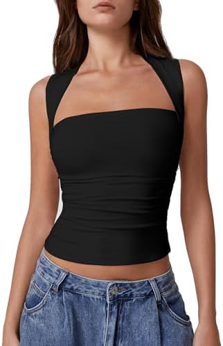 Tank Tops Square Neck Side Ruched Double Lined