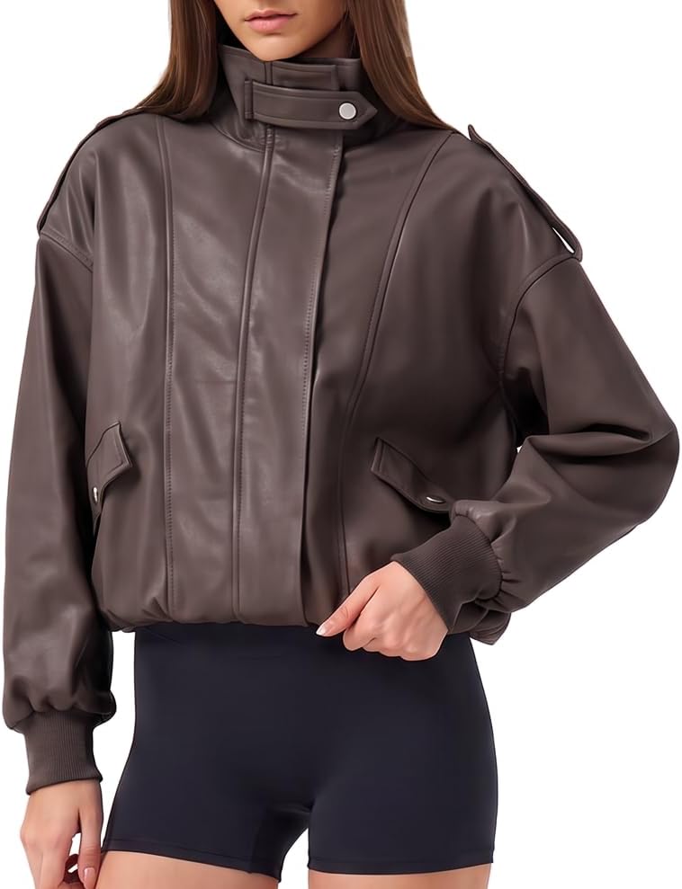 Zip Up Leather Jacket Oversized Stand Collar Bomber